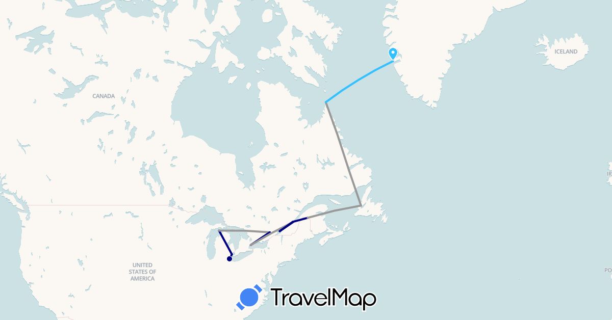 TravelMap itinerary: driving, plane, boat in Canada, Greenland, United States (North America)
